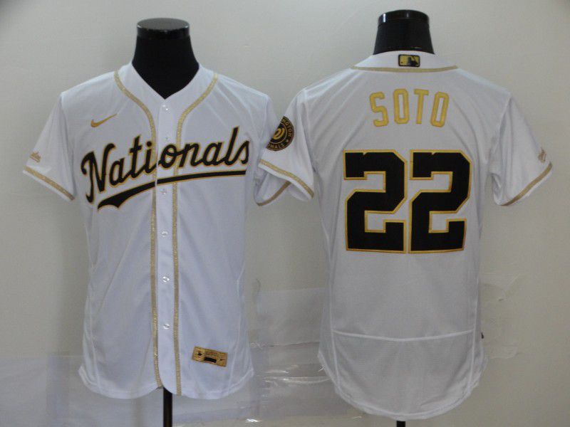 Men Washington Nationals 22 Soto White Retro gold character Nike Elite MLB Jerseys